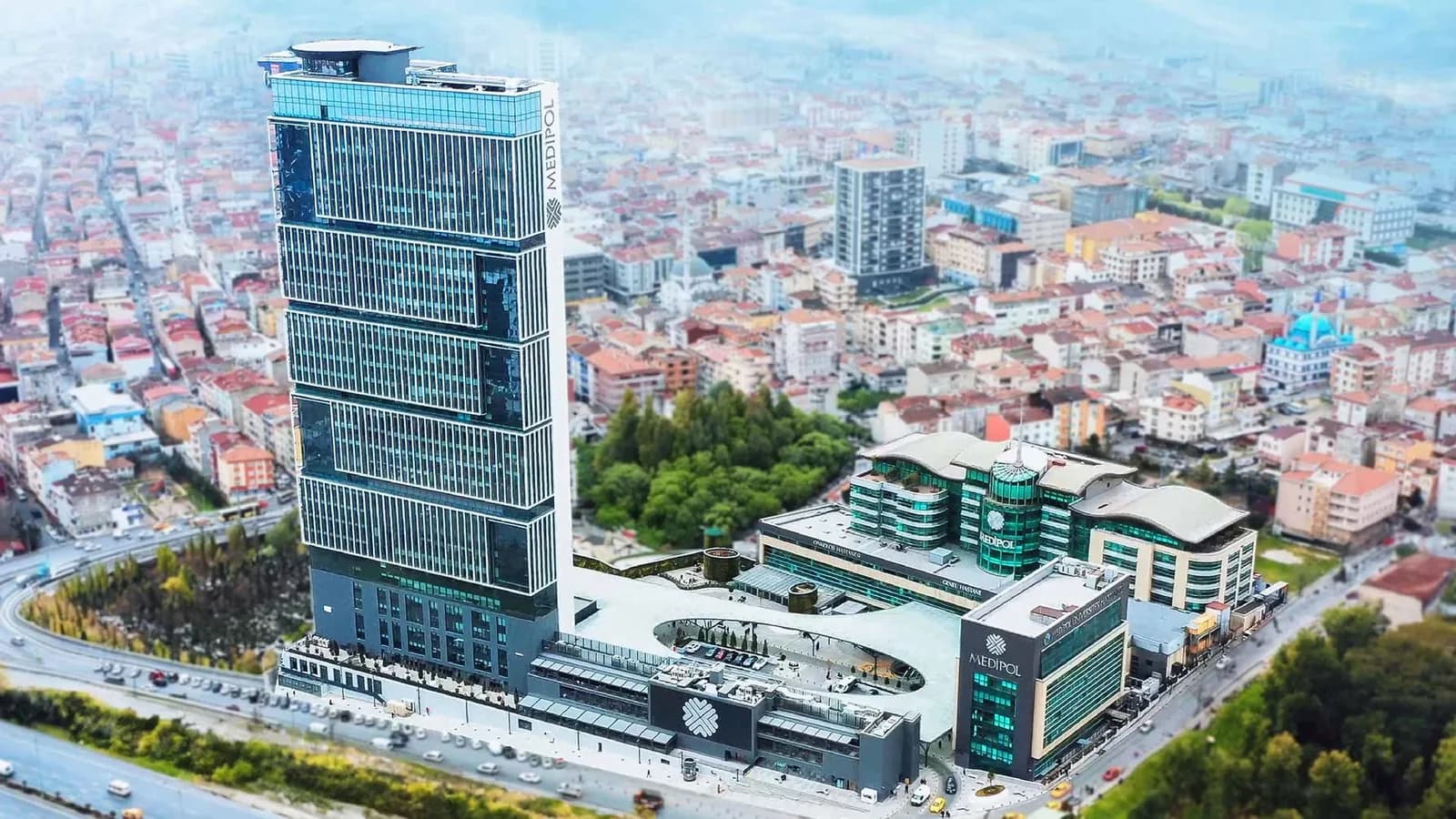 Aerial exterior view of Medipol Mega University Hospital in Istanbul