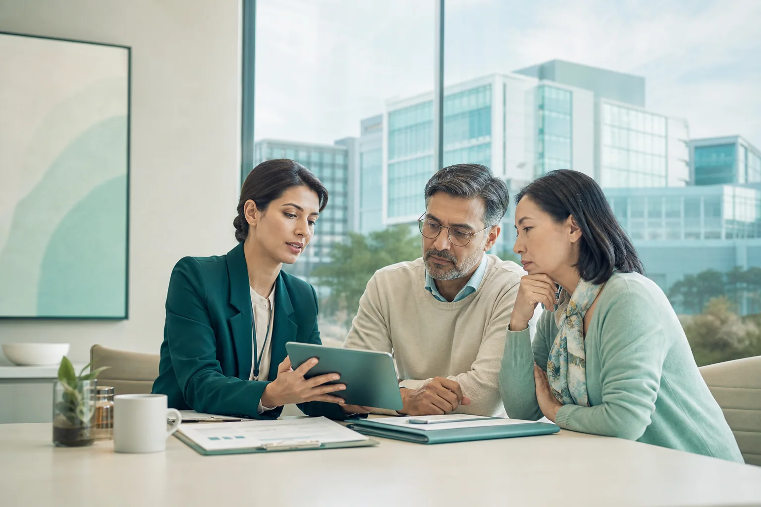 International patient and family member comparing transplant hospital options with a care navigator