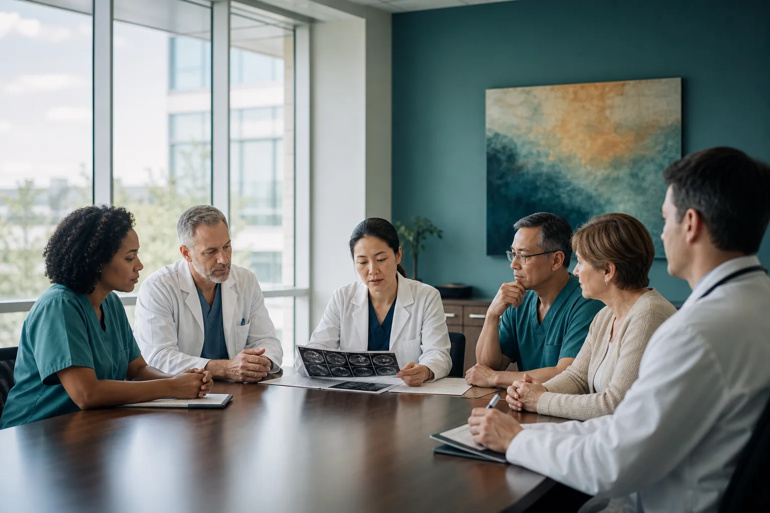 Multidisciplinary transplant team reviewing eligibility information with a patient