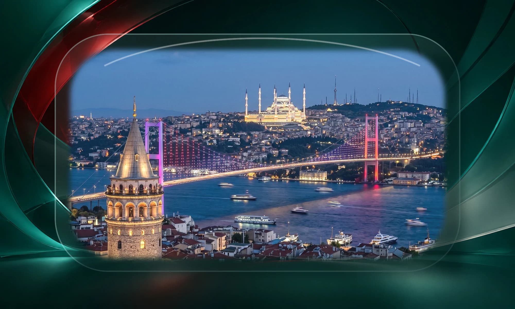 Istanbul skyline, Galata Tower and Bosphorus presented in a teal glass frame