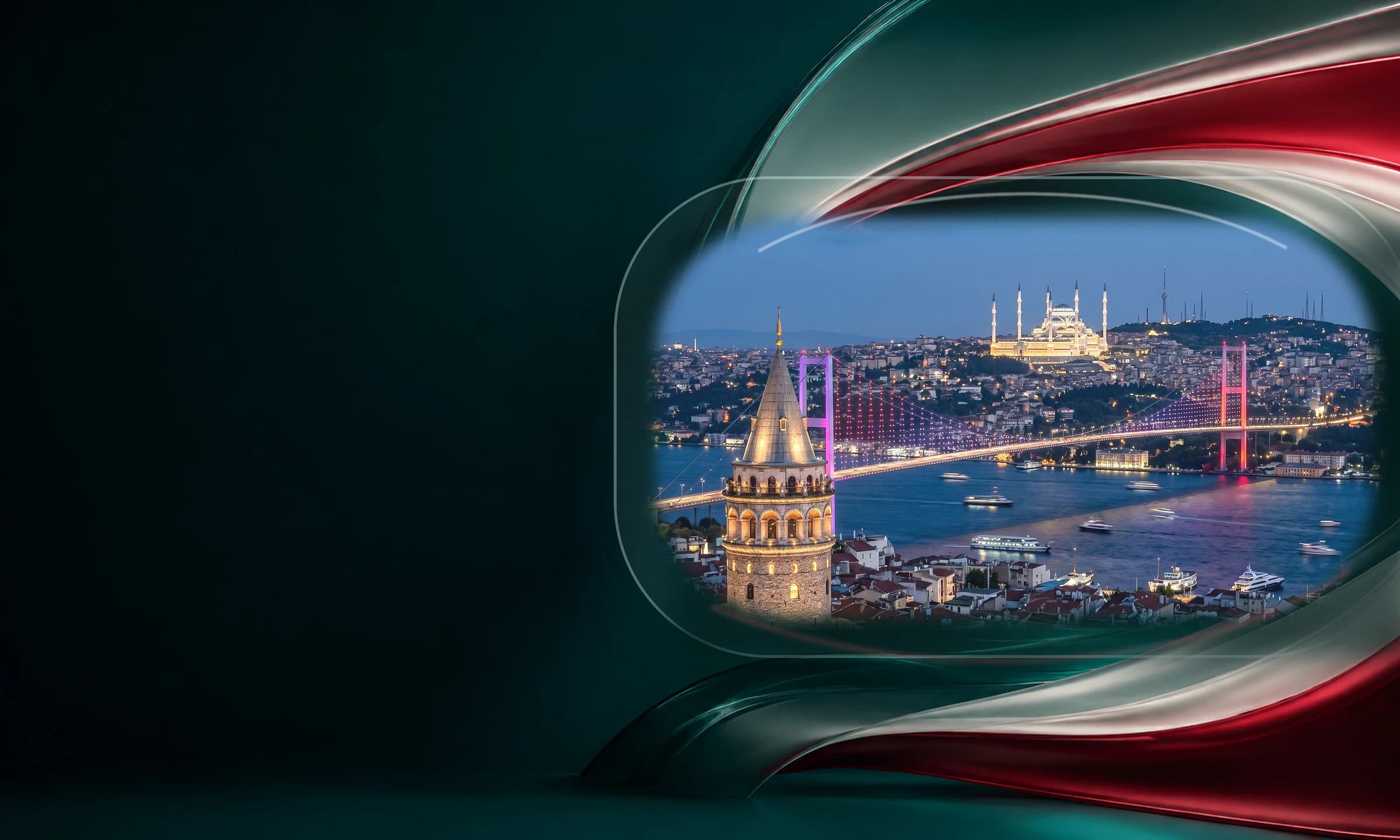 Istanbul skyline and Bosphorus framed by a glass interpretation of the Turkish flag