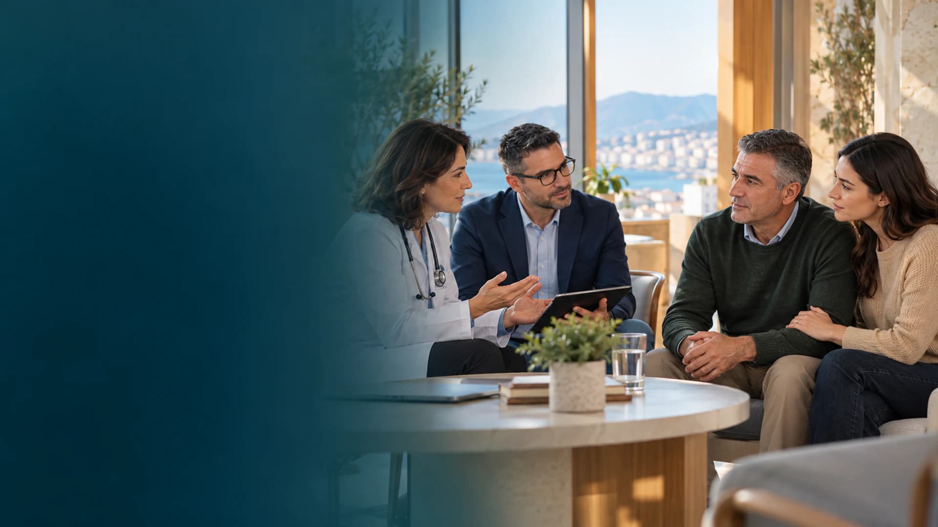 An Albanian patient and family caregiver discussing specialist evaluation with a clinical team