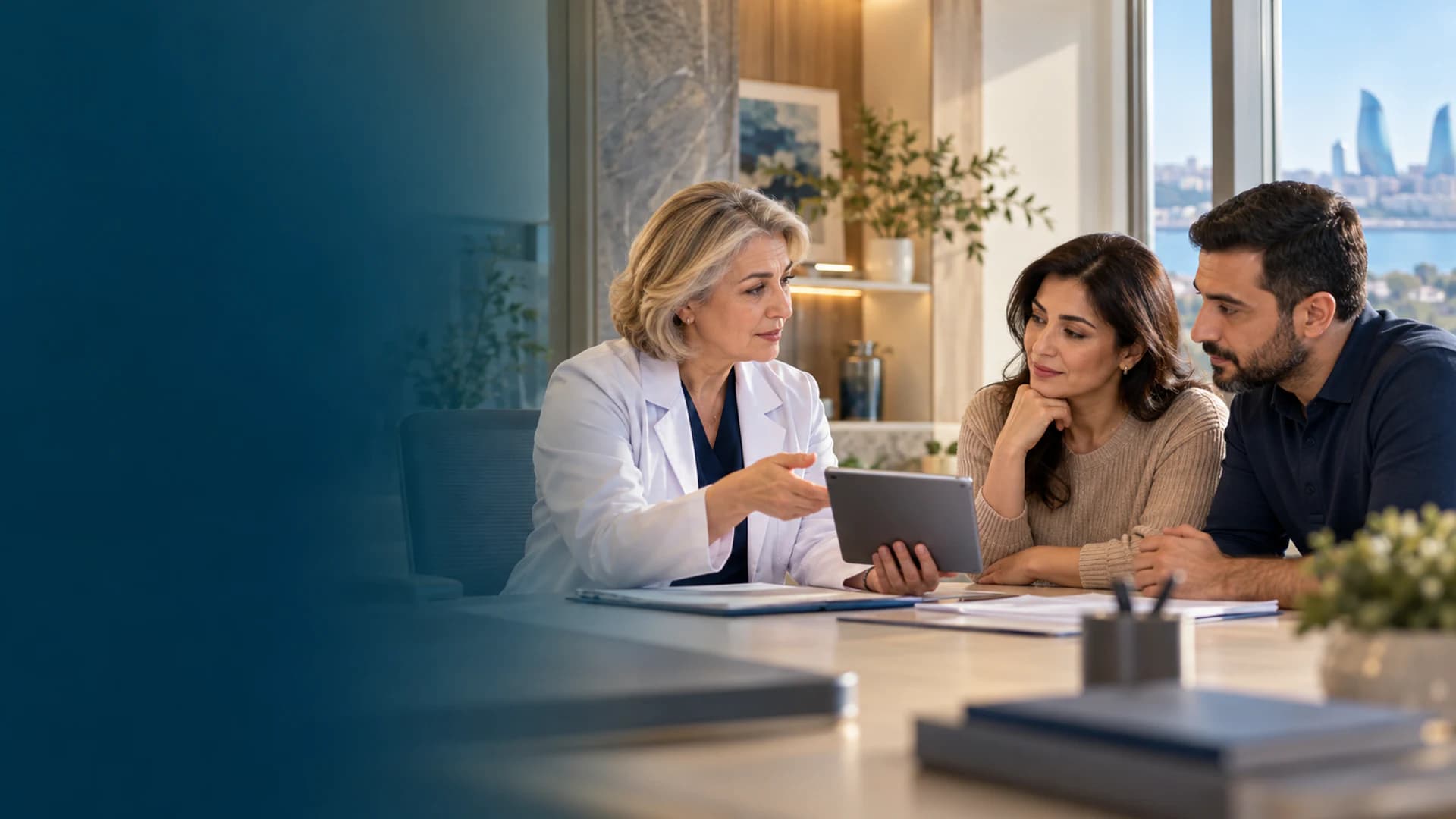 An Azerbaijani patient and family caregiver discussing specialist pathway evaluation with a physician