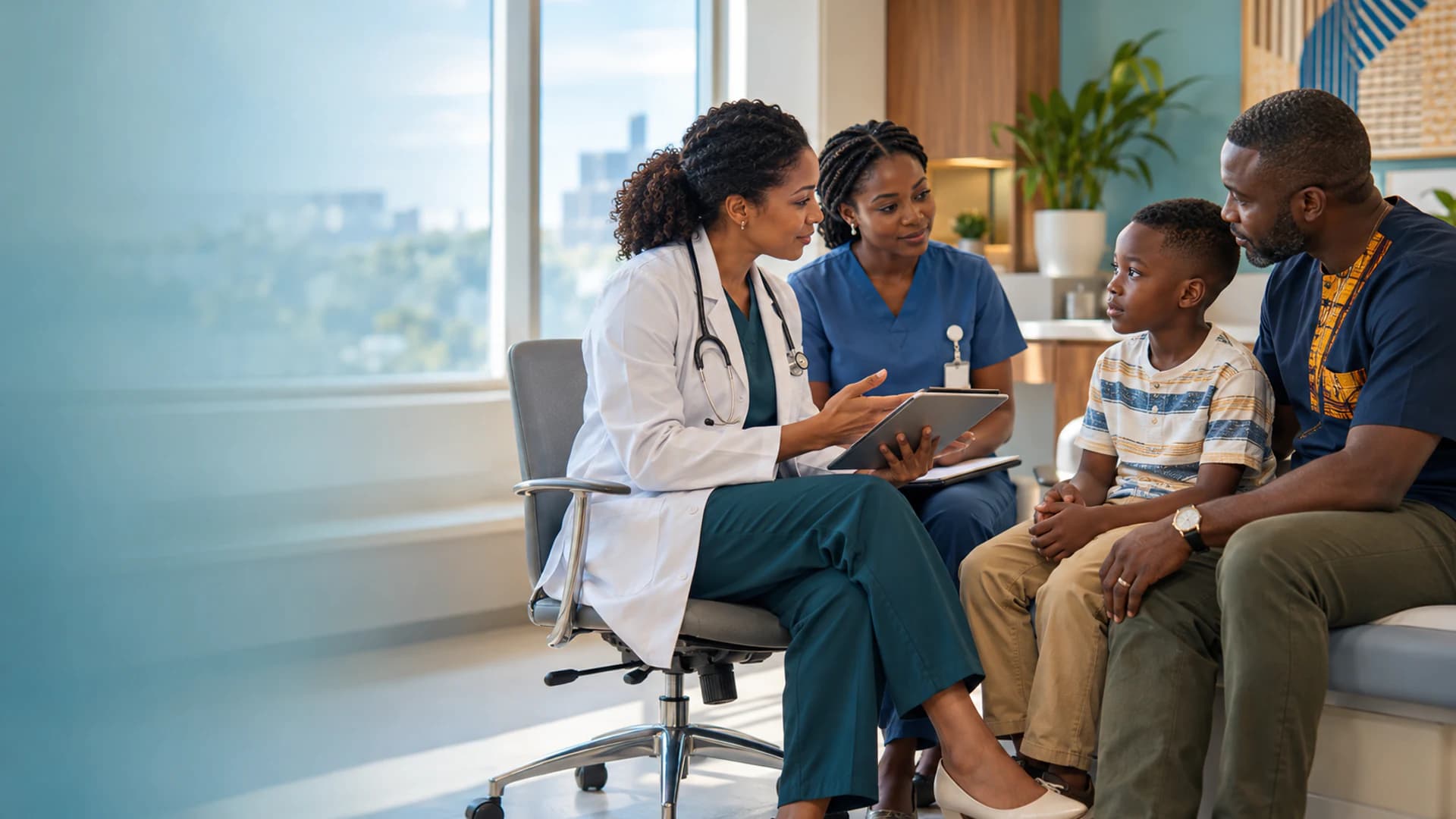 A Ghanaian child and father discussing pediatric transplant evaluation with a clinical team