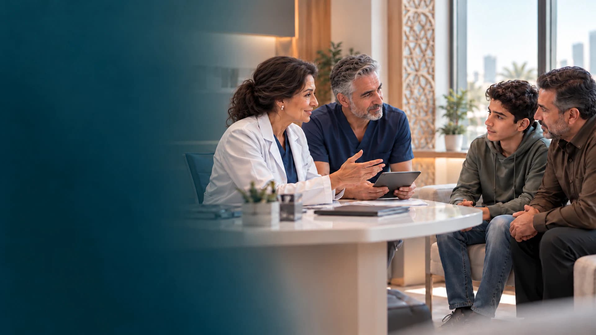 An Iraqi teenage patient and father discussing pediatric hematology evaluation with a clinical team