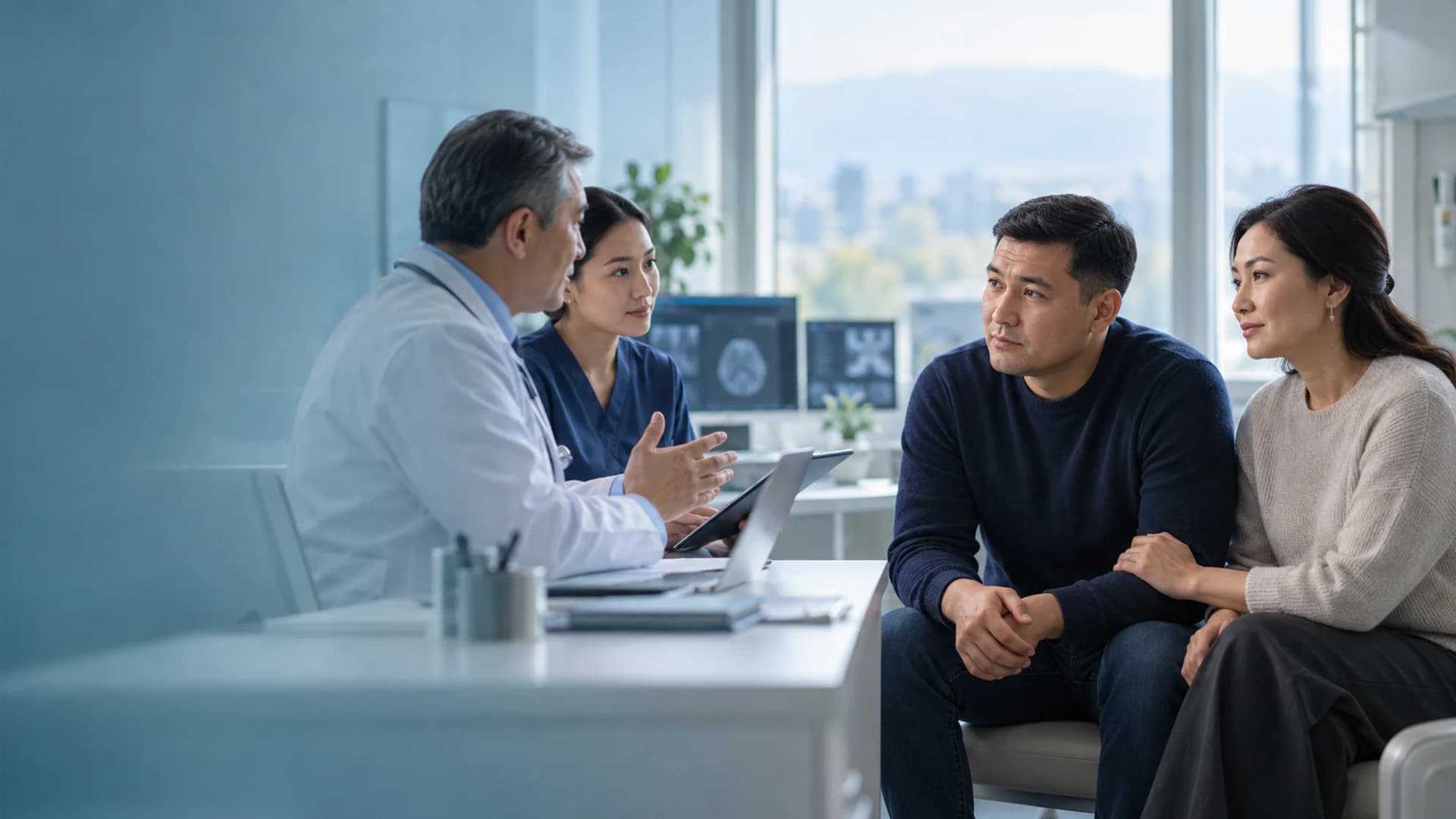 A patient from Kazakhstan and a family companion discussing CAR-T evaluation with a hematology team