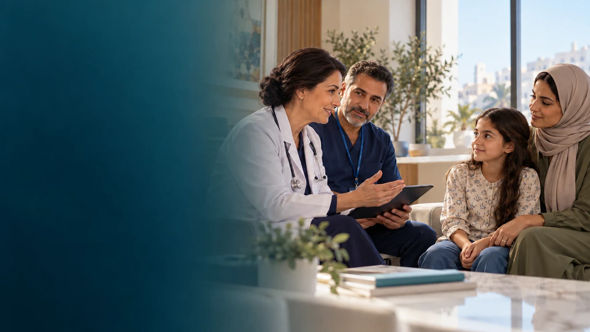 A Libyan child and mother discussing pediatric transplant evaluation with an experienced clinical team