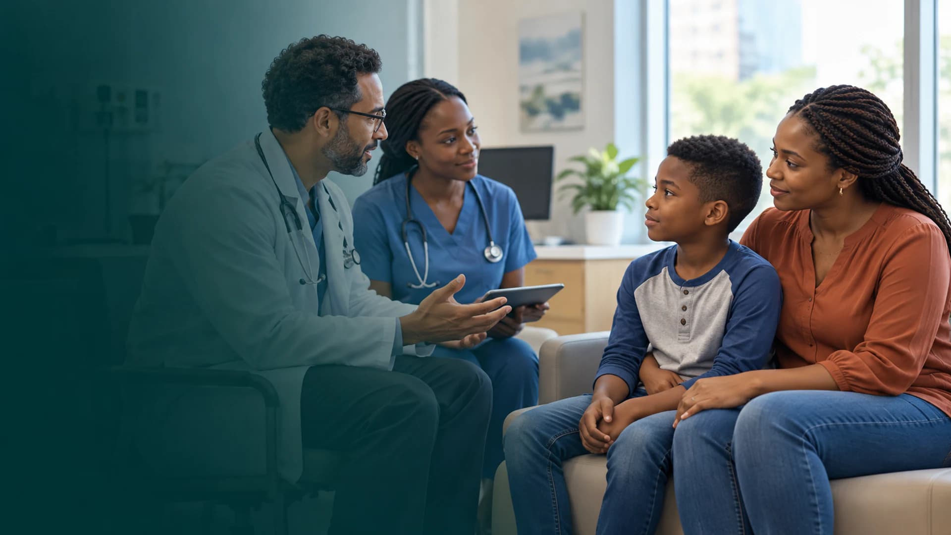 A Nigerian child and parent discussing pediatric transplant evaluation with a clinical team