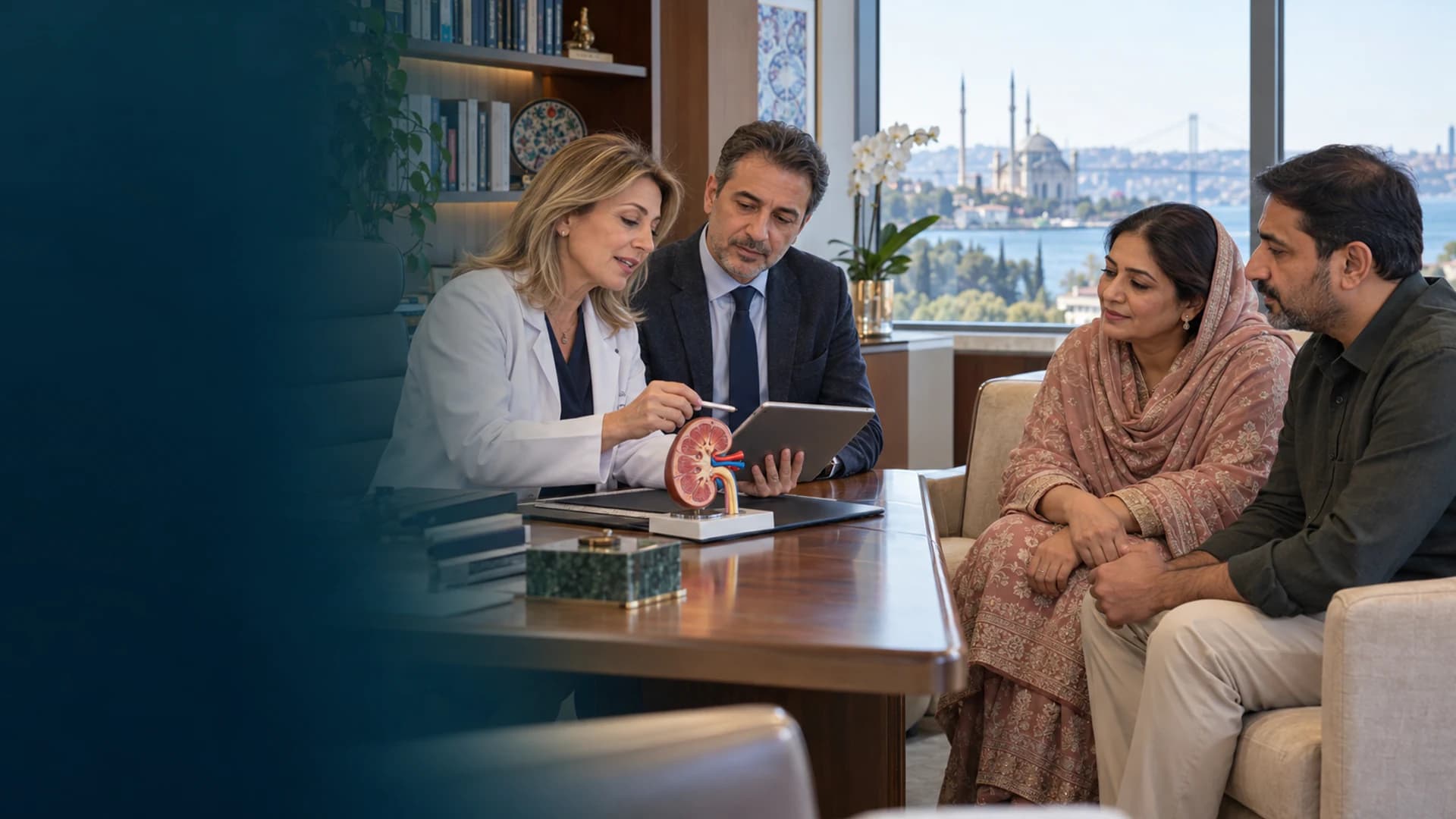 A Pakistani kidney patient and family companion discussing transplant evaluation with an experienced clinical team
