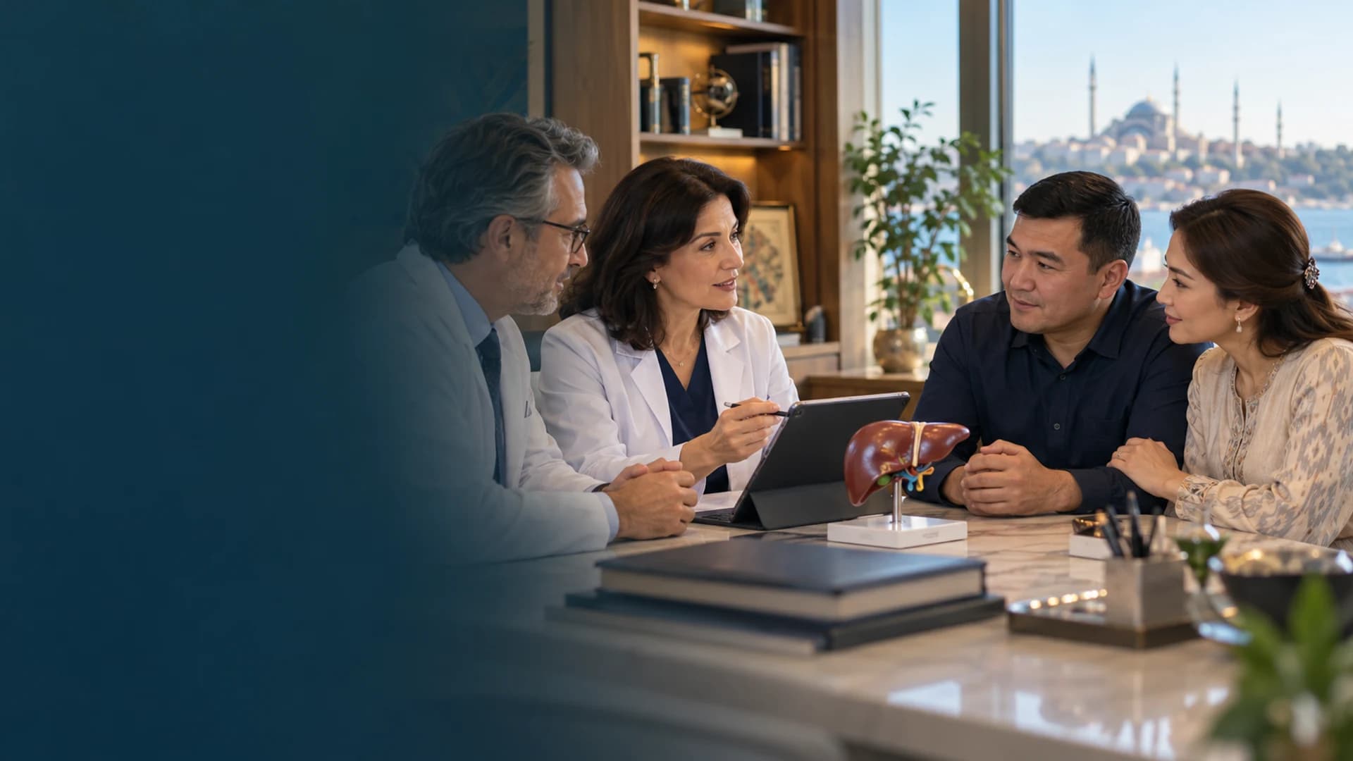 An Uzbek patient and family companion discussing specialist evaluation with an experienced clinical team in a physician’s office